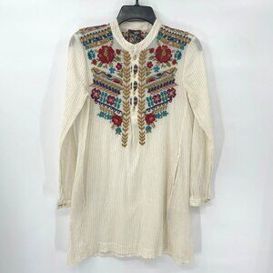 Johnny Was Embroidered Cotton Mock Collar Tunic Top 3J Workshop